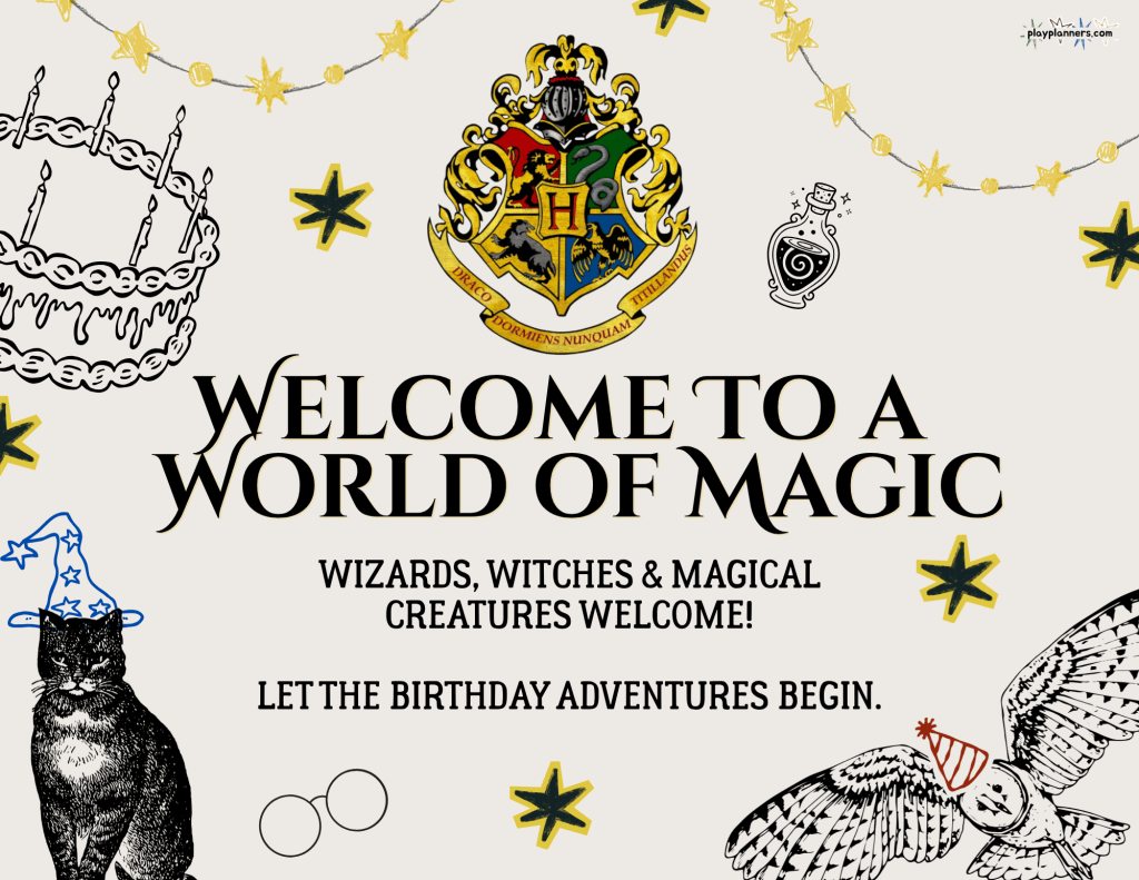 Harry Potter themed birthday party welcome sign printable with a magical Hogwarts inspired design for a wizard birthday celebration.