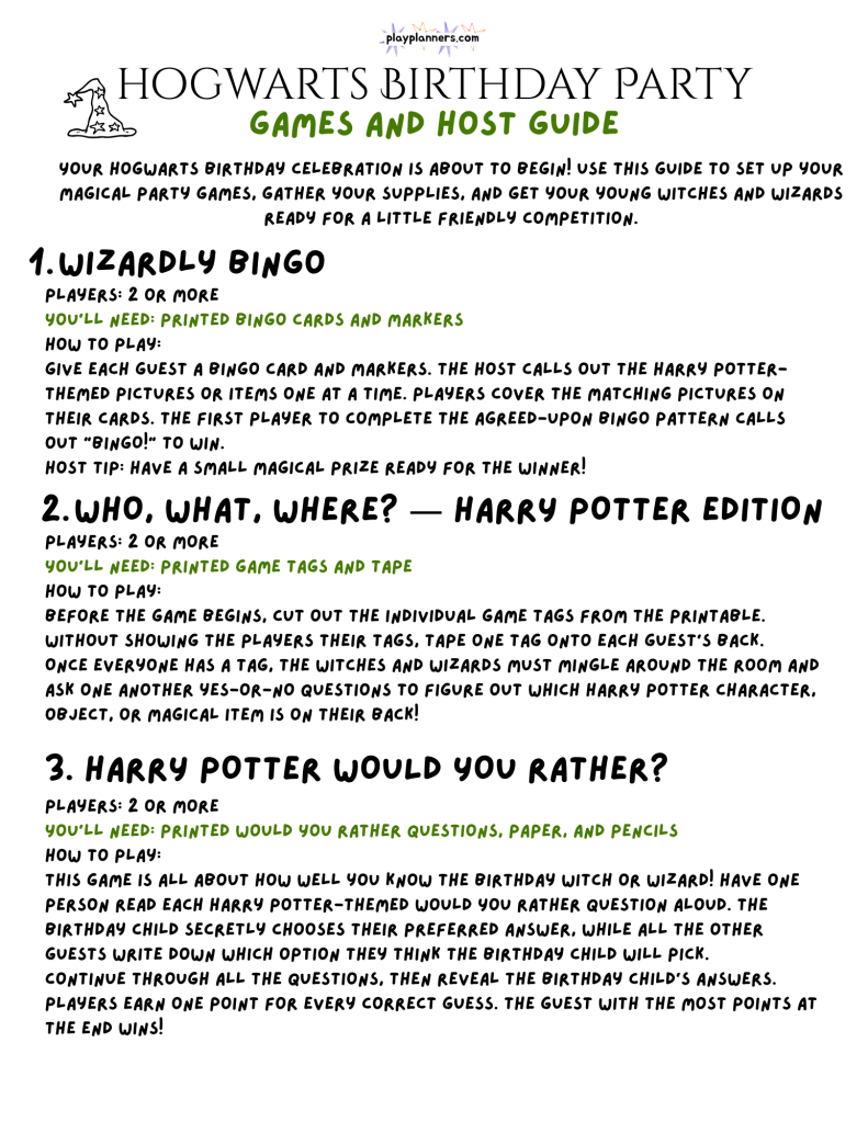 Harry Potter birthday party games host guide printable with instructions for Hogwarts themed bingo, Who What Where, and Would You Rather games for kids.