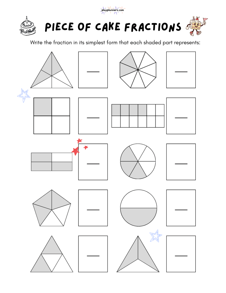 Piece of Cake Fractions worksheet for elementary math practice, helping 3rd grade students recognize shaded parts of a whole.