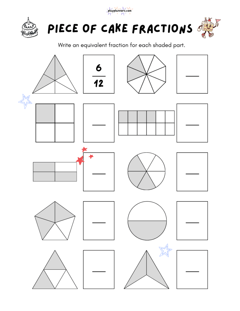 Equivalent fraction identification worksheet for grade 4 with shaded shapes and boxes to write equivalent fractions.