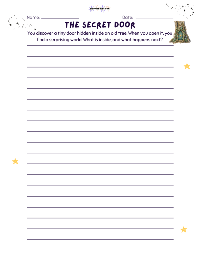 Fourth grade creative writing worksheet featuring a secret door hidden in a tree, an imaginative writing prompt, and 18 lines for students to write their stories.