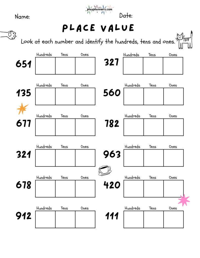 Free third grade place value worksheet with three-digit number exercises and tiny cat doodles on a printer-friendly page.