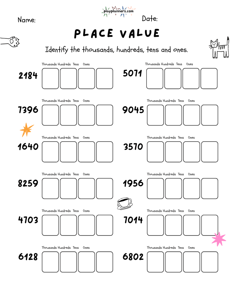 Fourth grade place value practice worksheet with 12 four-digit numbers and boxes for recording each digit's place.