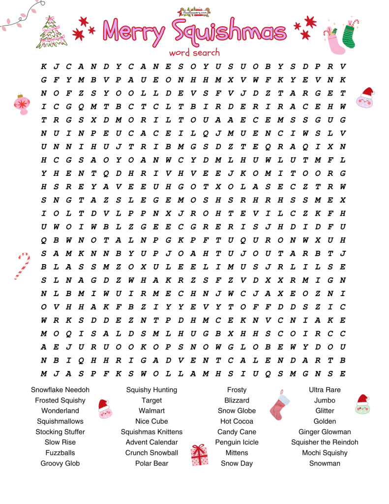 Free printable Squishy Winter word search puzzle featuring 32 squishy toy names and winter-themed words for kids ages 8–11.
