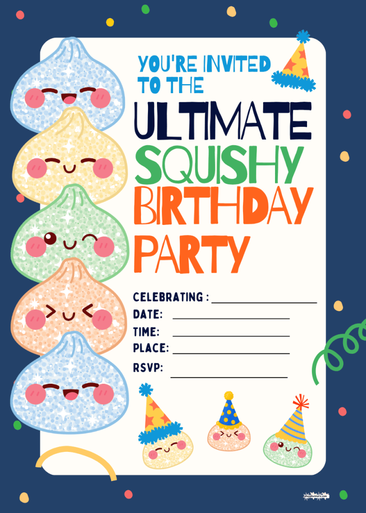 Printable squishy birthday party invitation featuring dumplings wearing birthday hats and the text “You're Invited to the Ultimate Squishy Birthday Party. Come Squeeze, Squish, and Celebrate,” with spaces for the date, time, place, and RSVP.