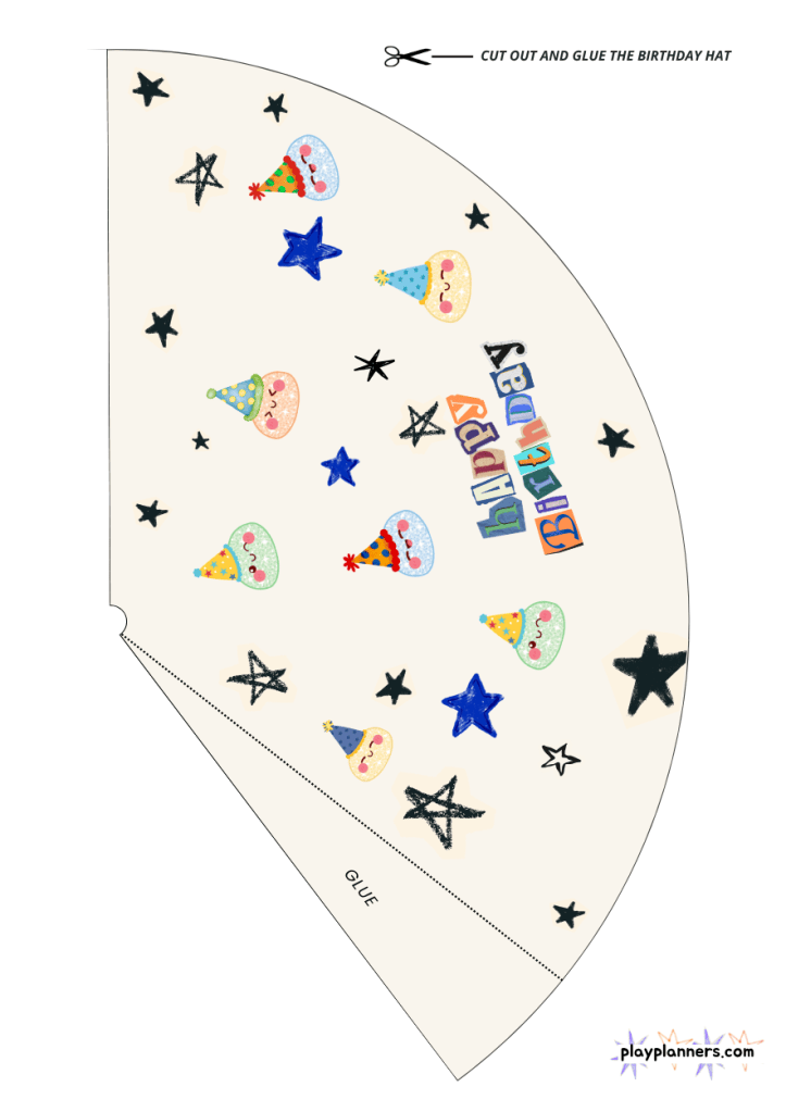 Printable squishy birthday party hat featuring cute dumpling squishies wearing birthday hats with colorful star decorations.