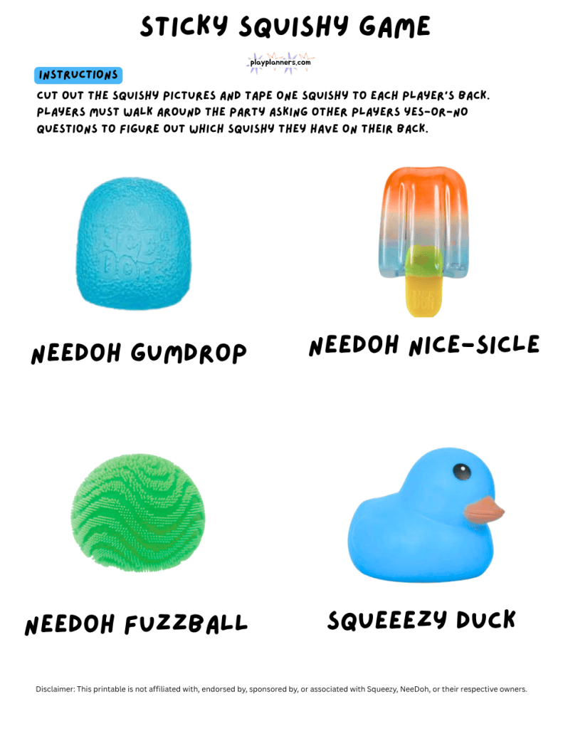 Printable Sticky Squishy on Your Back guessing game for boys' birthday parties, featuring colorful squishy toy illustrations with their names to cut out and tape onto players' backs for a fun game of yes-or-no questions and squishy-themed guessing.