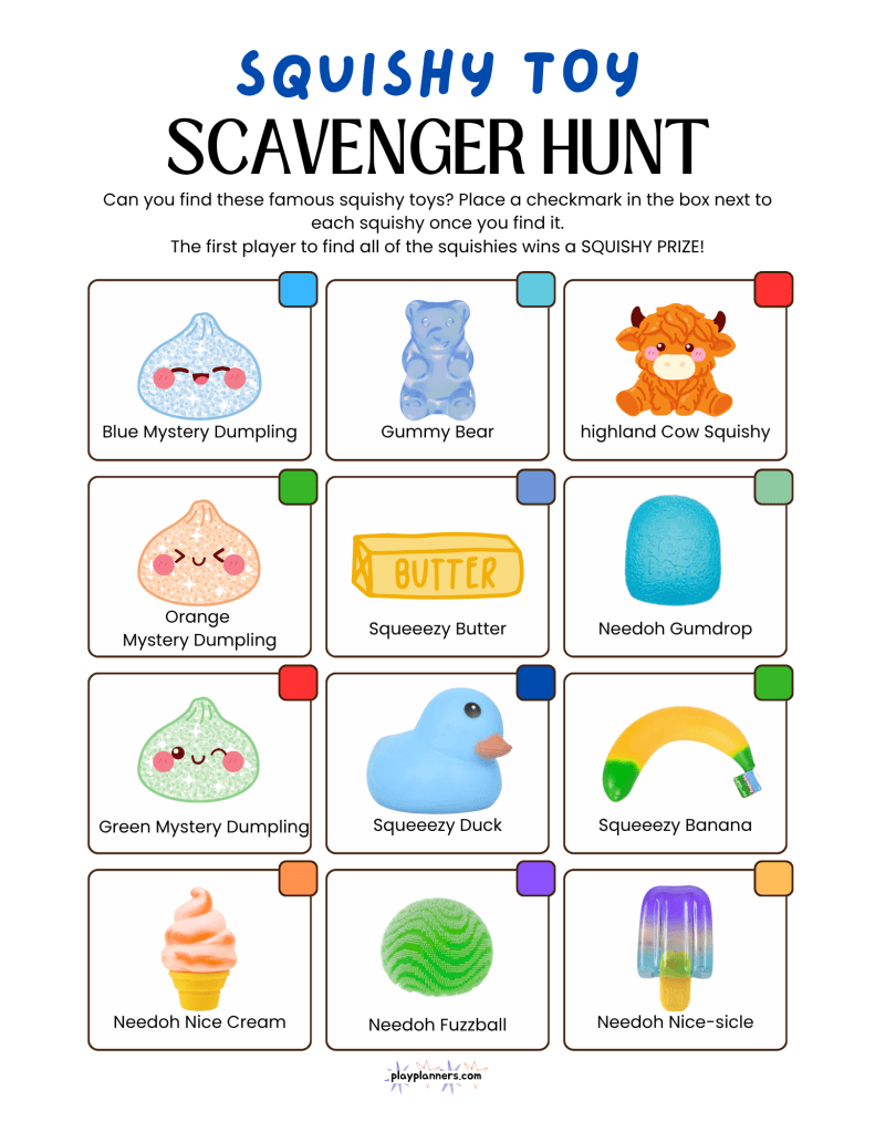 Printable squishy scavenger hunt for boys' birthday parties, featuring a scavenger hunt checklist with colorful squishy toy pictures and two pages of squishy icons to cut out and hide around the party area. Kids race to find all the hidden squishies, making it a fun boy's birthday party activity.