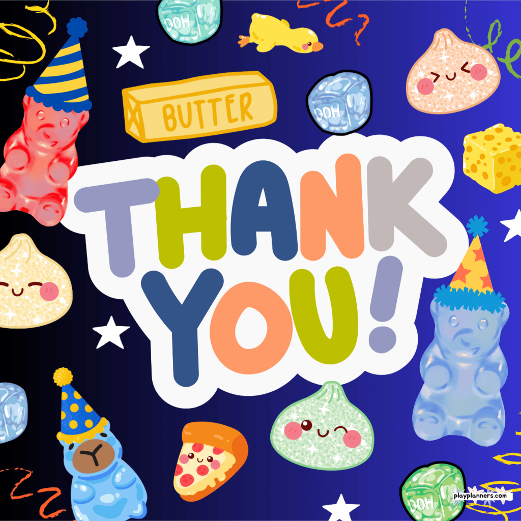 Printable squishy birthday thank-you cards for boys, featuring colorful squishy toys and stars in three background options: white, black and blue, and light cream. These squishy-themed thank-you cards are perfect for thanking friends and family for birthday gifts and celebrating a fun squishy birthday party.