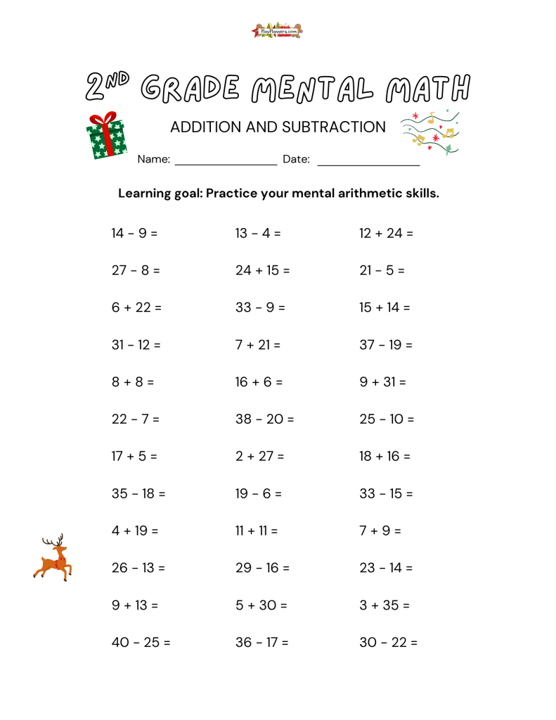 Second grade Christmas math worksheet for home or classroom practice featuring 36 addition and subtraction problems scored out of 36.