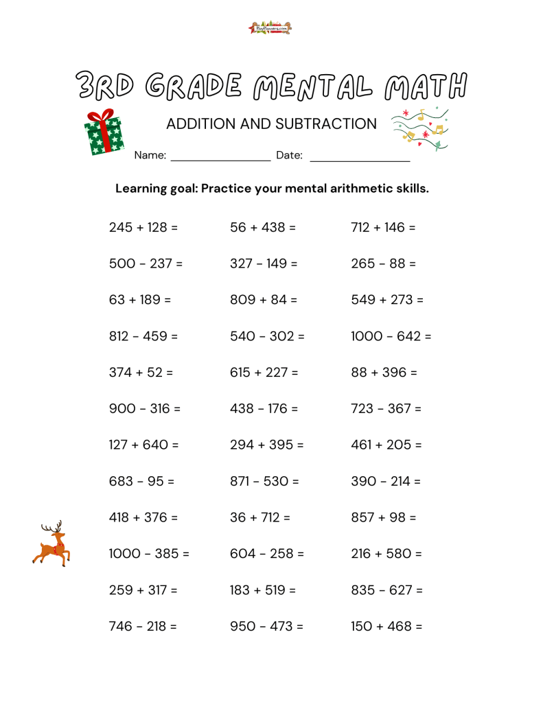 Christmas-themed third grade math worksheet with 36 mental arithmetic problems, including addition and subtraction with regrouping.