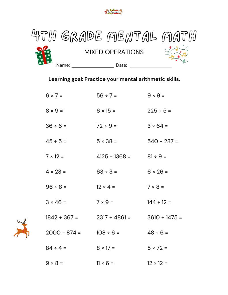 Christmas-themed fourth grade math worksheet with mixed multiplication, division, addition, and subtraction problems.