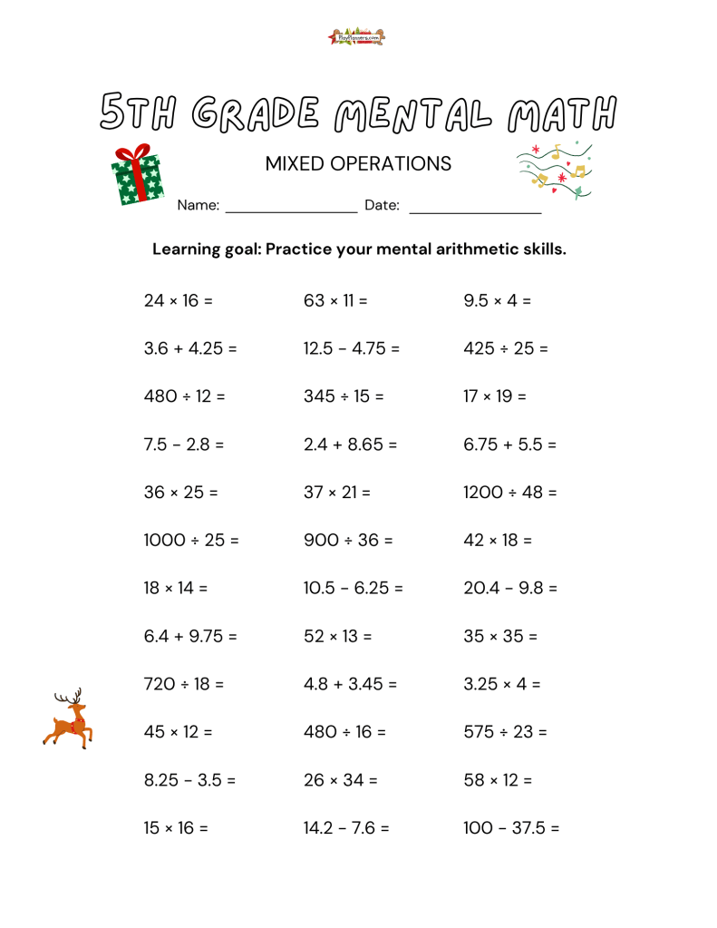 Free printable 5th grade Christmas math worksheet for classroom morning work, homeschool practice, or holiday review.