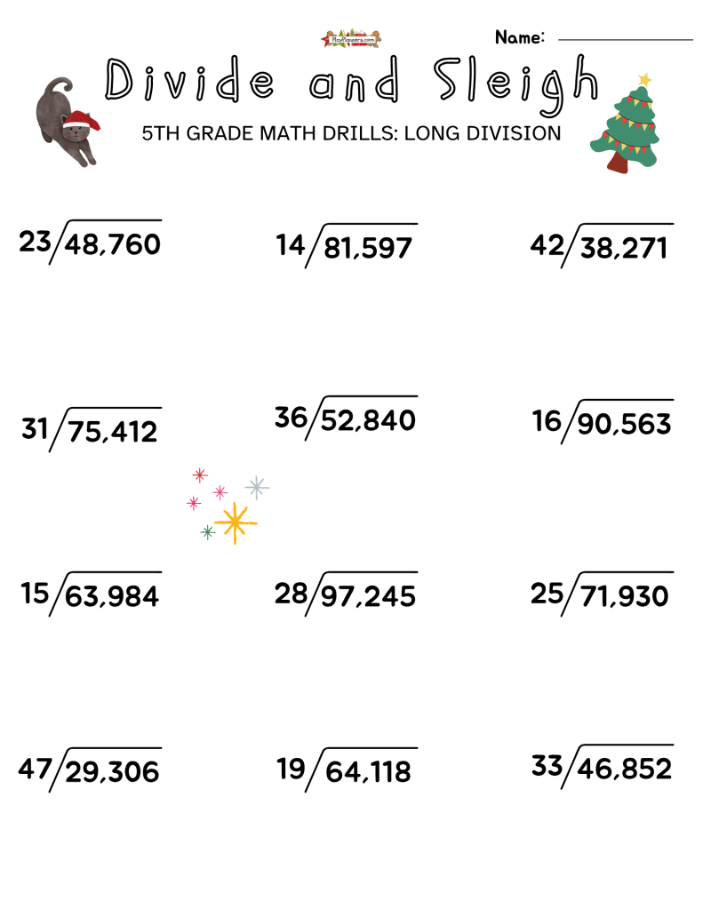 Free printable 5th grade Christmas long division worksheet with 12 problems featuring two-digit divisors and five-digit dividends.