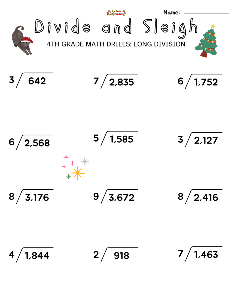 Divide and Sleigh 4th Grade free printable long division worksheets with Christmas graphics and one-digit divisors.
