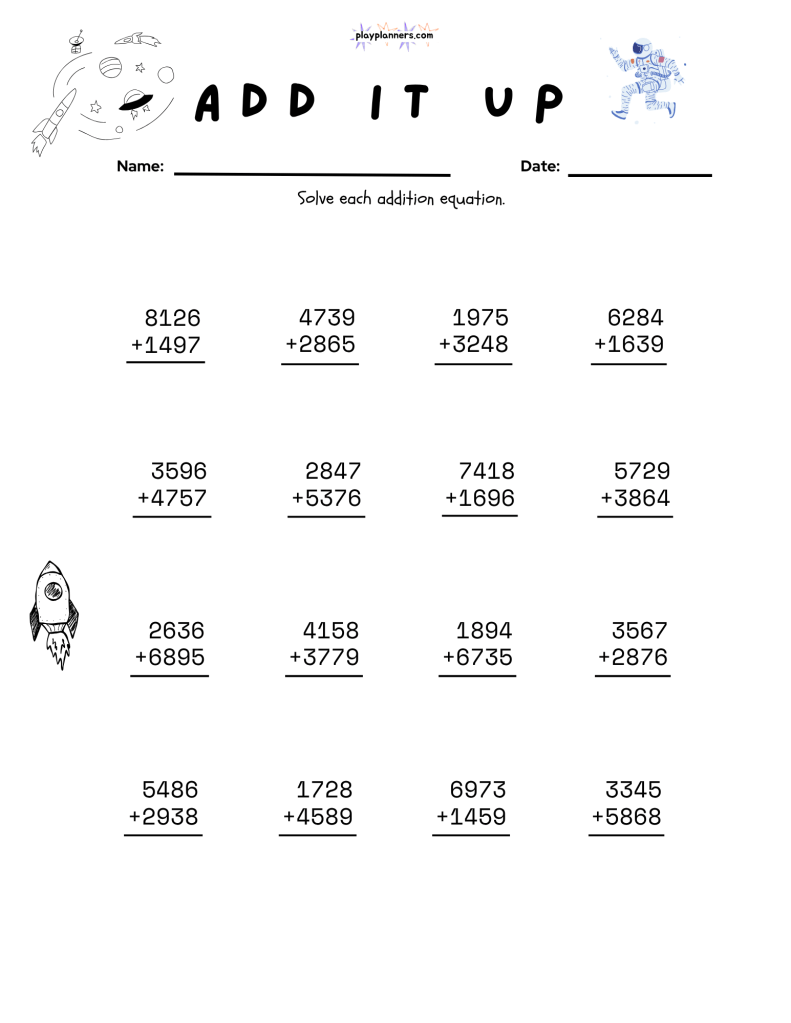 Free space-themed 4th grade addition worksheet with vertical multi-digit addition problems and a cute rocket illustration.