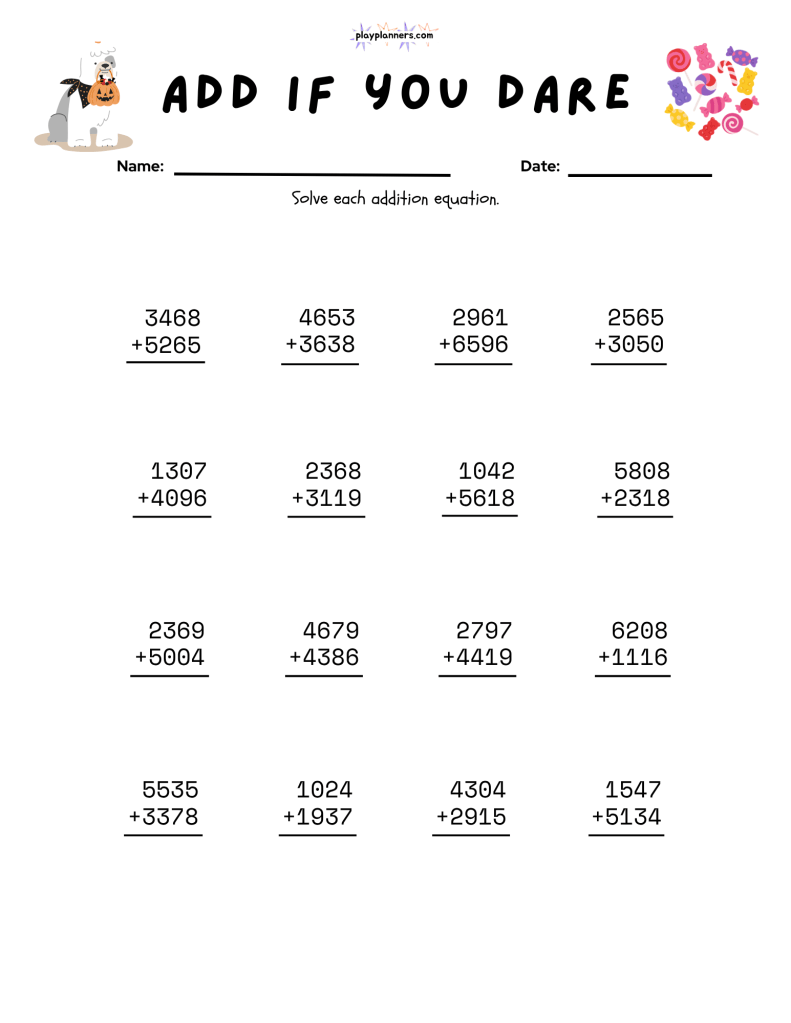 Free fourth grade Halloween addition worksheet with vertical addition problems and cute spooky graphics.