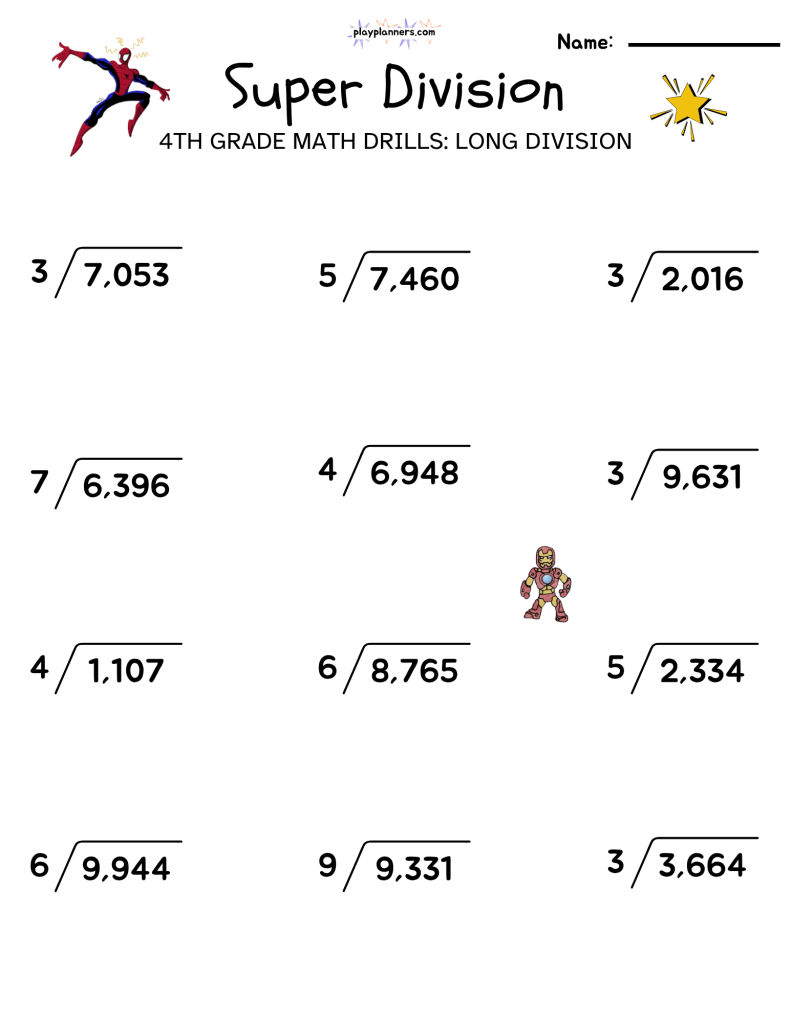 Free Super Division 4th grade long division worksheet with 12 problems using four-digit dividends and one-digit divisors.