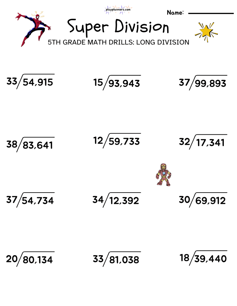 Free Super Division 5th grade long division worksheet with 12 problems dividing four-digit dividends by one-digit divisors.