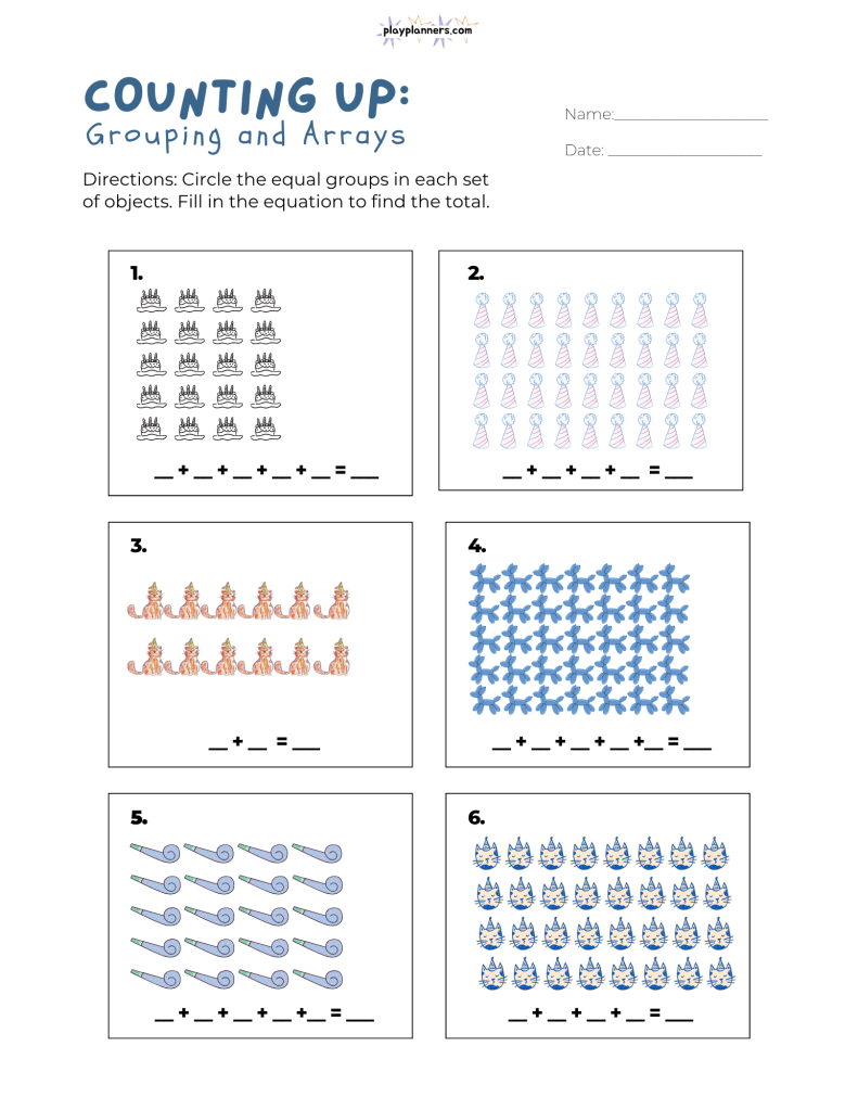 Free 3rd grade arrays worksheet with birthday-themed pictures for practicing equal groups, repeated addition equations, and finding the total.