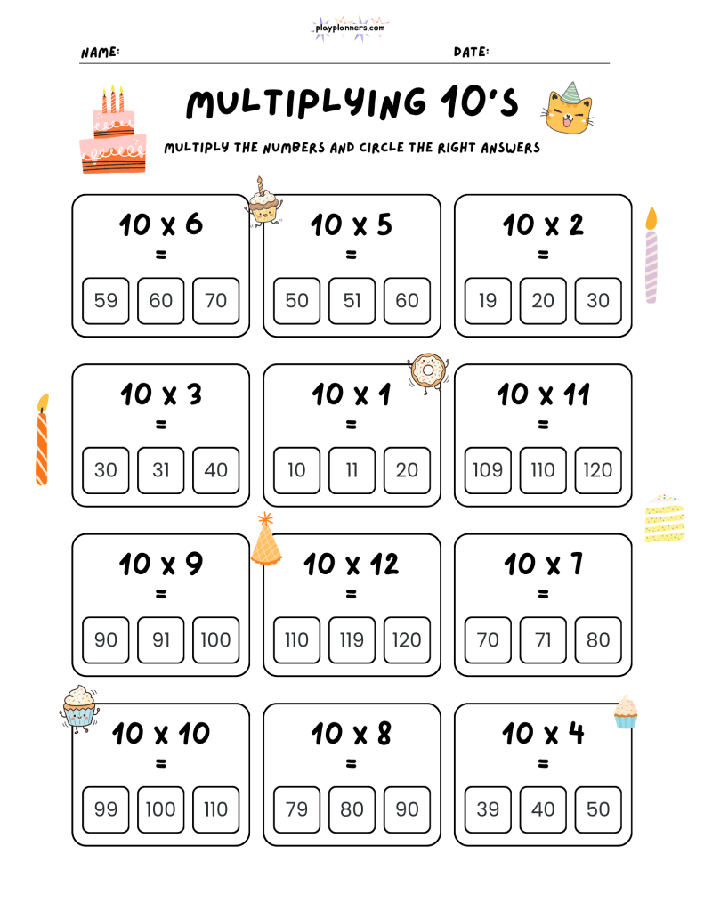 Printable 10 times table worksheet with 12 multiple-choice multiplication facts for kids to practice.