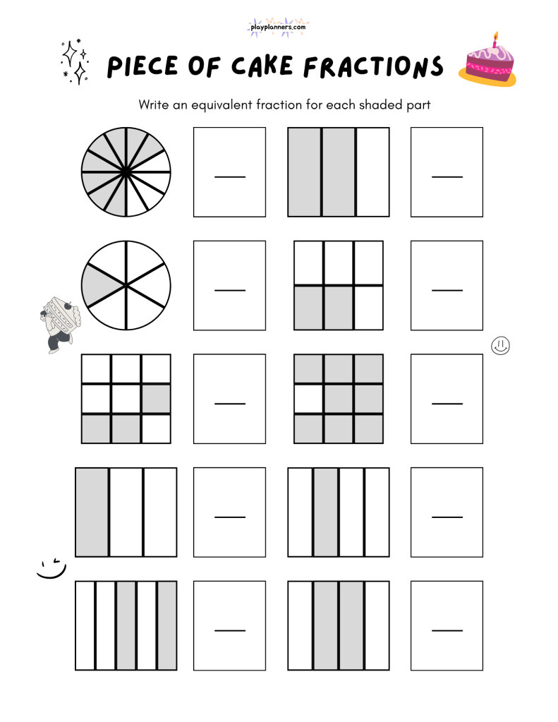 Fourth grade equivalent fractions worksheet with shaded shapes and answer boxes for writing equivalent fractions.