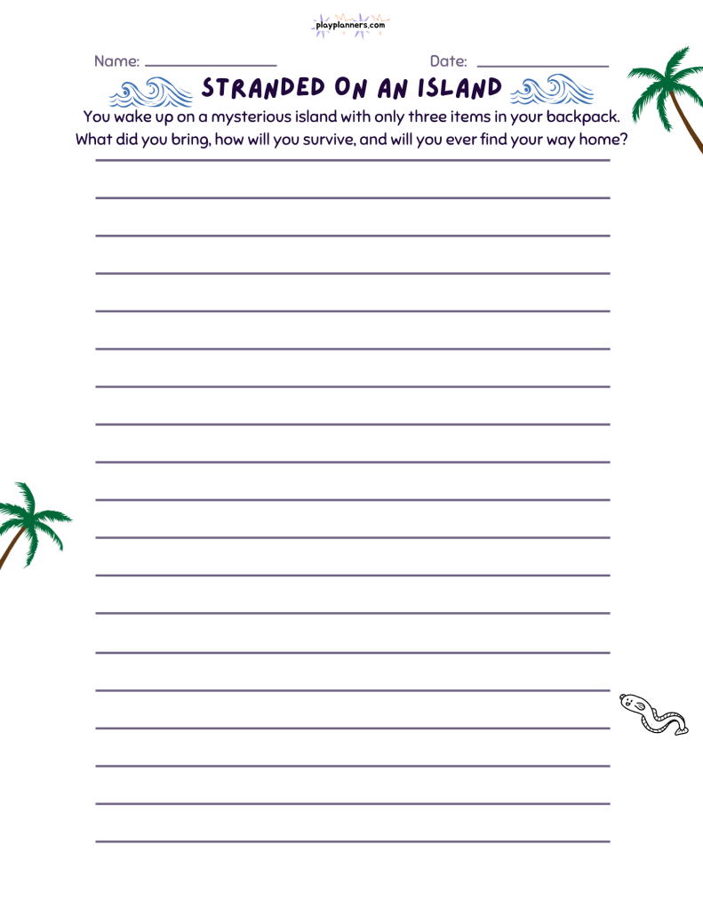 Stranded on an Island: Fourth grade creative writing worksheet with an island adventure theme and a prompt about surviving on a mysterious island, with 18 lines for students to write their stories.