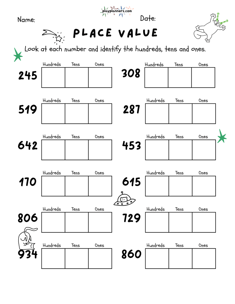 Free 3rd grade place value worksheet with three-digit numbers for practicing hundreds, tens, and ones, decorated with tiny cat doodles.