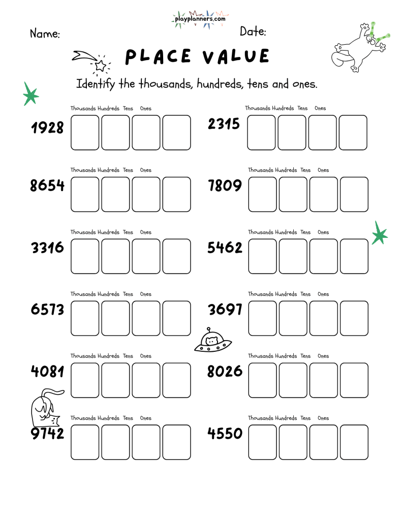 Free 4th grade place value worksheets featuring four-digit numbers, place-value boxes, and playful hand-drawn doodles.