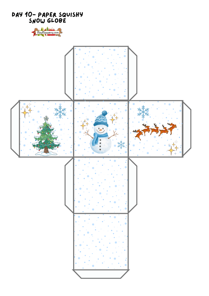 Christmas snow globe paper squishy printable featuring a festive winter scene for kids to make.