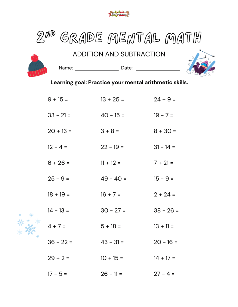 Free 2nd grade Christmas mental math worksheet with 36 addition and subtraction problems and a festive Christmas tree design.