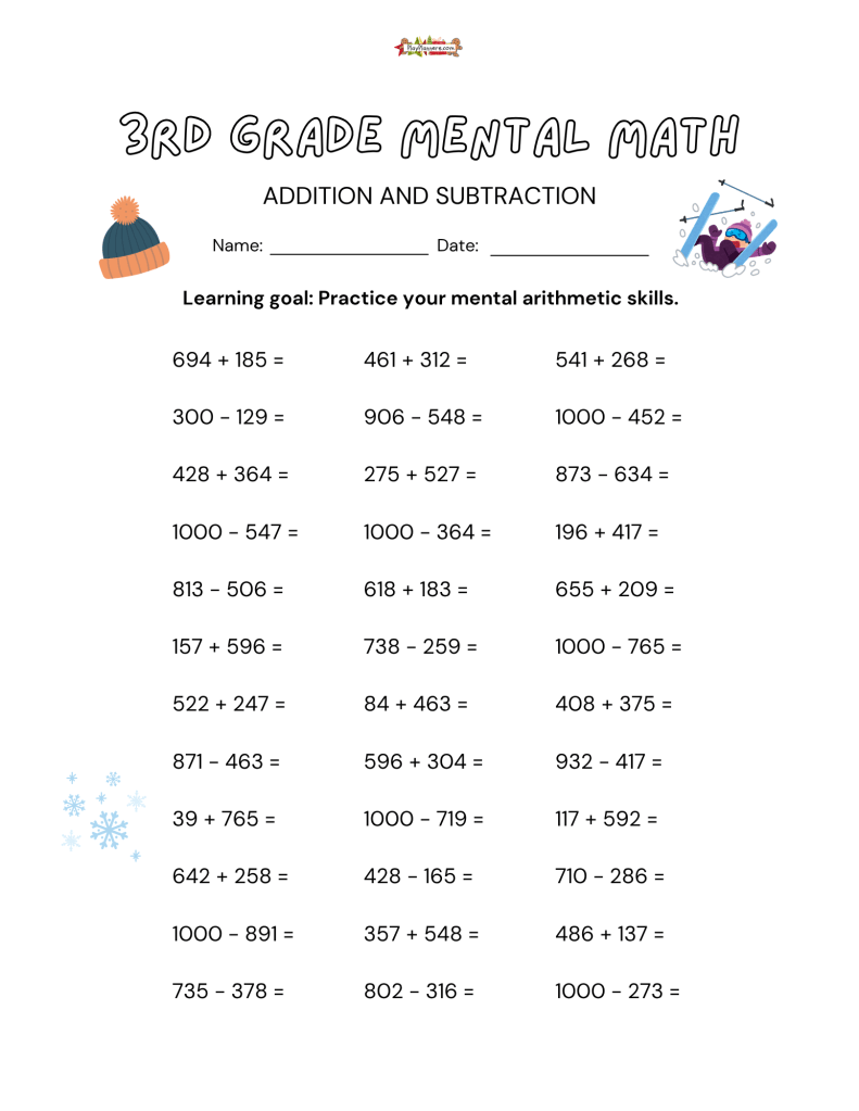 Free 3rd grade Christmas mental math worksheet with 36 three-digit addition and subtraction problems and festive holiday graphics.