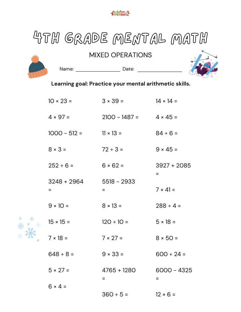 Free 4th grade Christmas mental math worksheet with 36 mixed multiplication, division, addition, and subtraction problems.