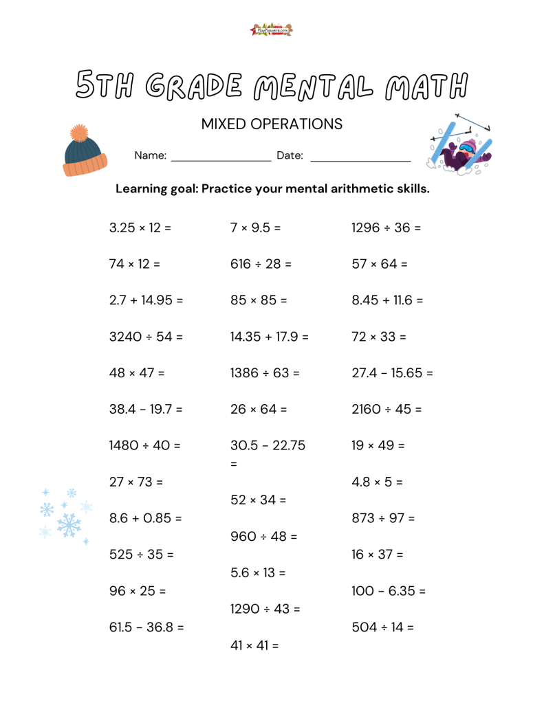 Free 5th grade Christmas mental math worksheet with 36 mixed problems covering two-digit multiplication, division, and decimal addition and subtraction.