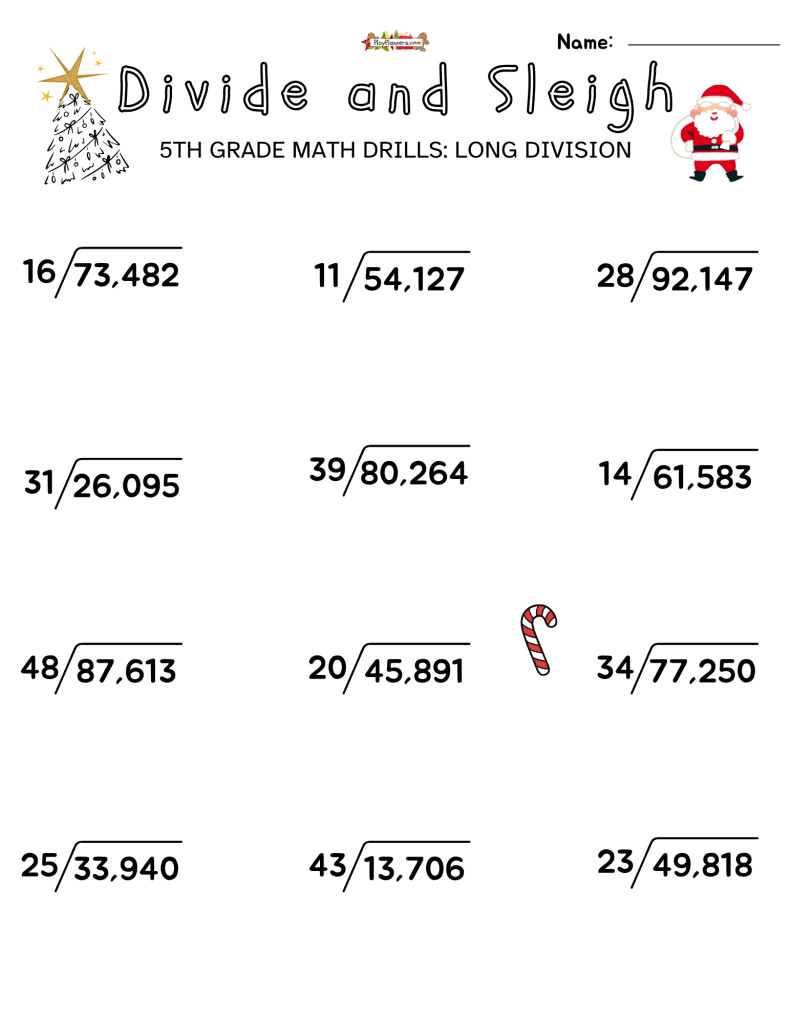Printable fifth grade Christmas division worksheet from the Divide and Sleigh set, designed for long division practice.