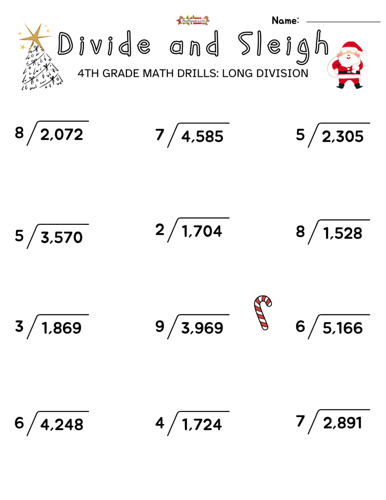Divide and Sleigh 4th Grade free printable long division worksheets with Christmas graphics and one-digit divisors.