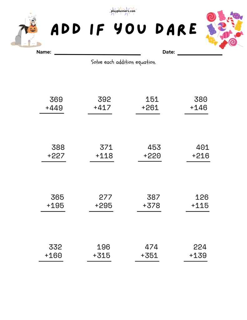 Free Halloween addition worksheet for 3rd grade featuring stacked vertical addition problems and cute Halloween graphics.