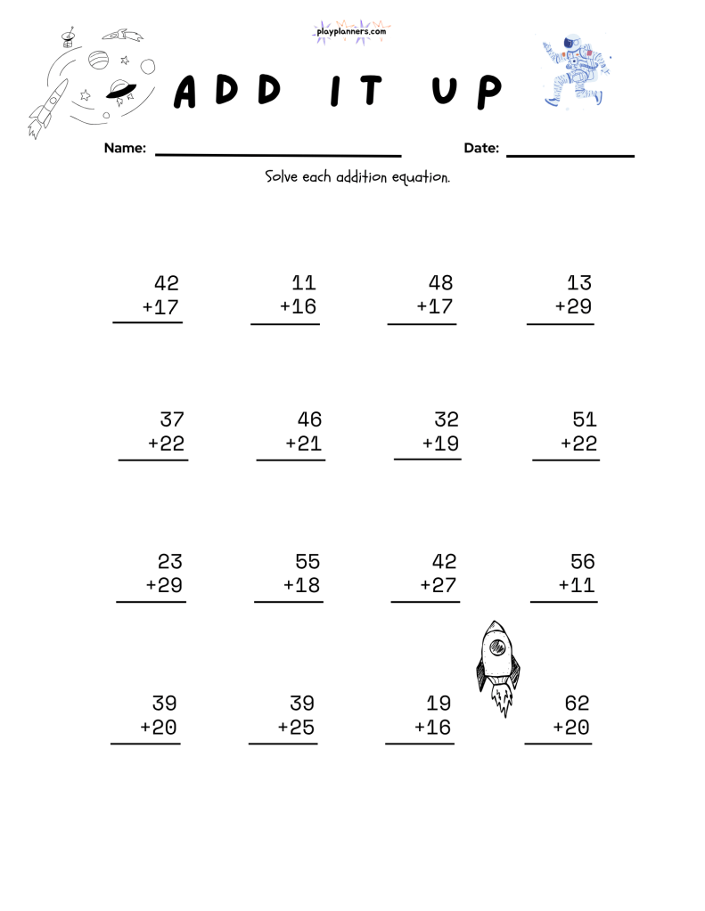 Free space-themed 2nd grade addition worksheet with 16 stacked two-digit addition problems.