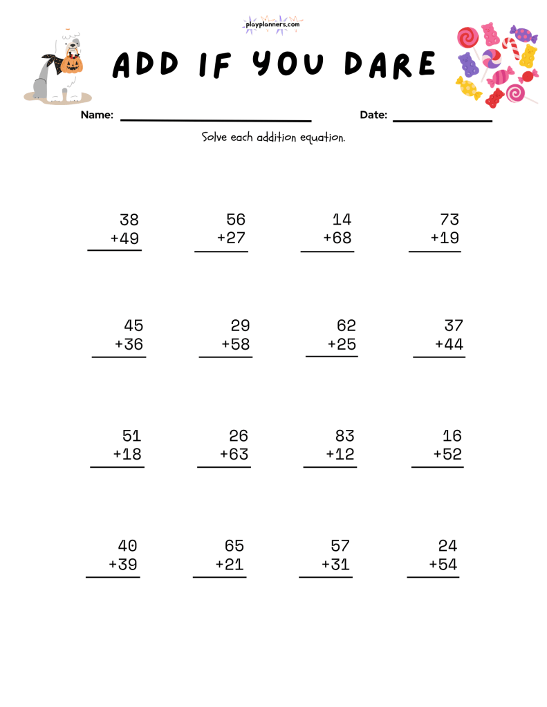 Free second grade Halloween addition worksheet with vertical addition problems and cute Halloween-themed graphics.