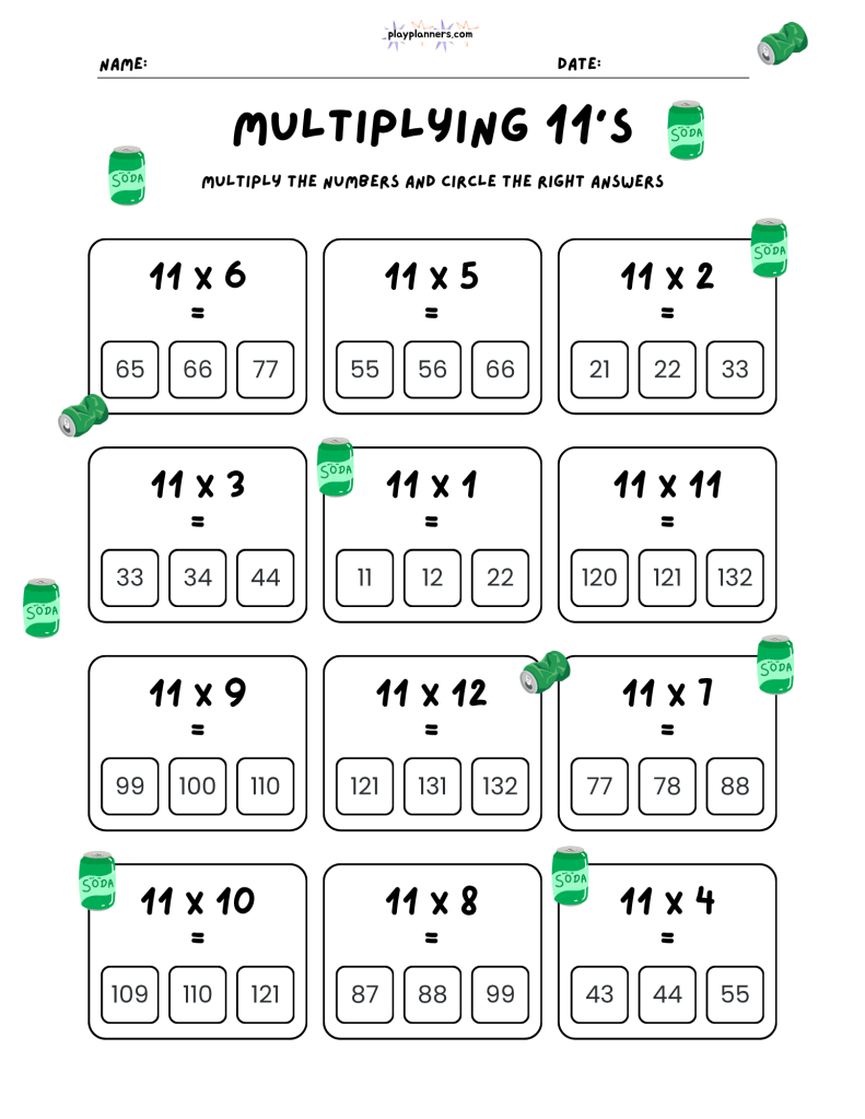 Free 11 times table worksheet with 12 multiplication equations and three answer choices per question.