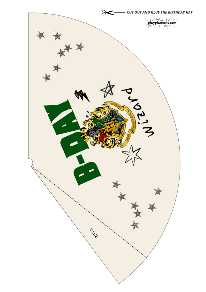 Harry Potter themed printable birthday party hat for kids with a magical Hogwarts inspired design.