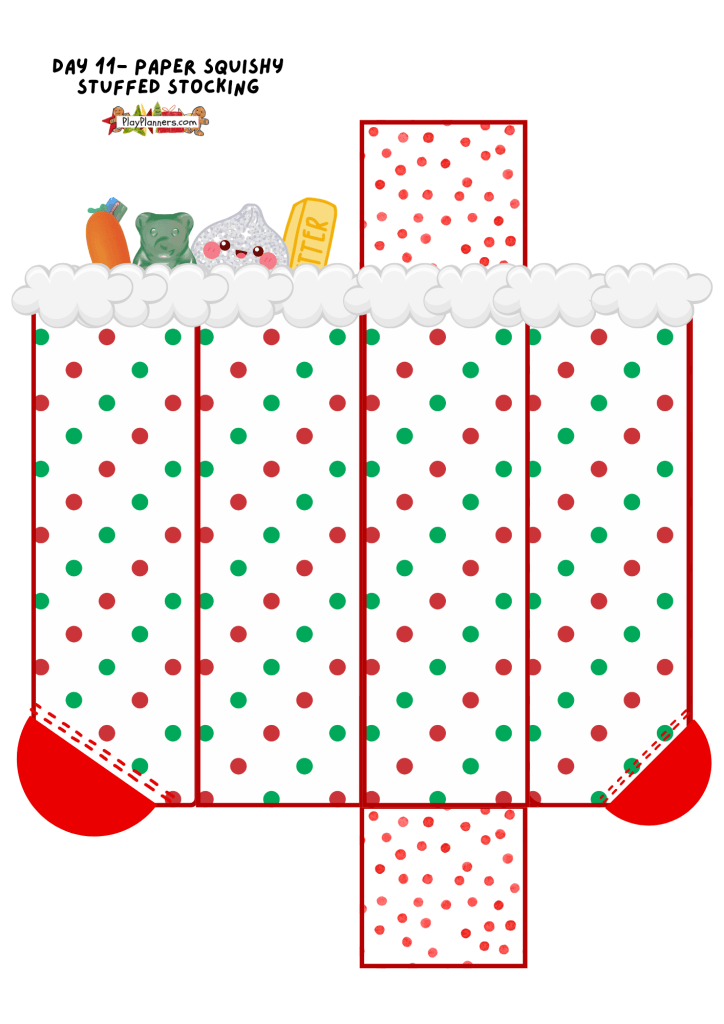 Christmas stocking paper squishy printable with little squishies poking out, part of the 12 Days of Squishmas collection.