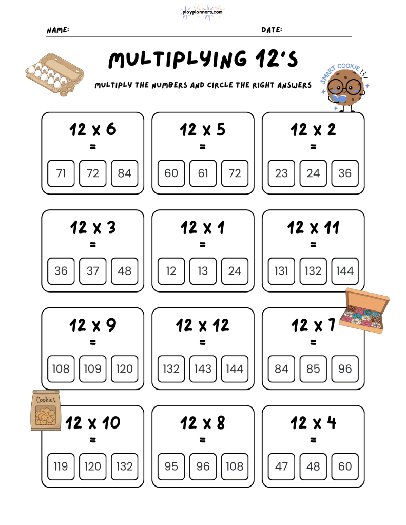 Printable 12 times table worksheet with 12 multiple-choice problems to help kids practice multiplication facts.