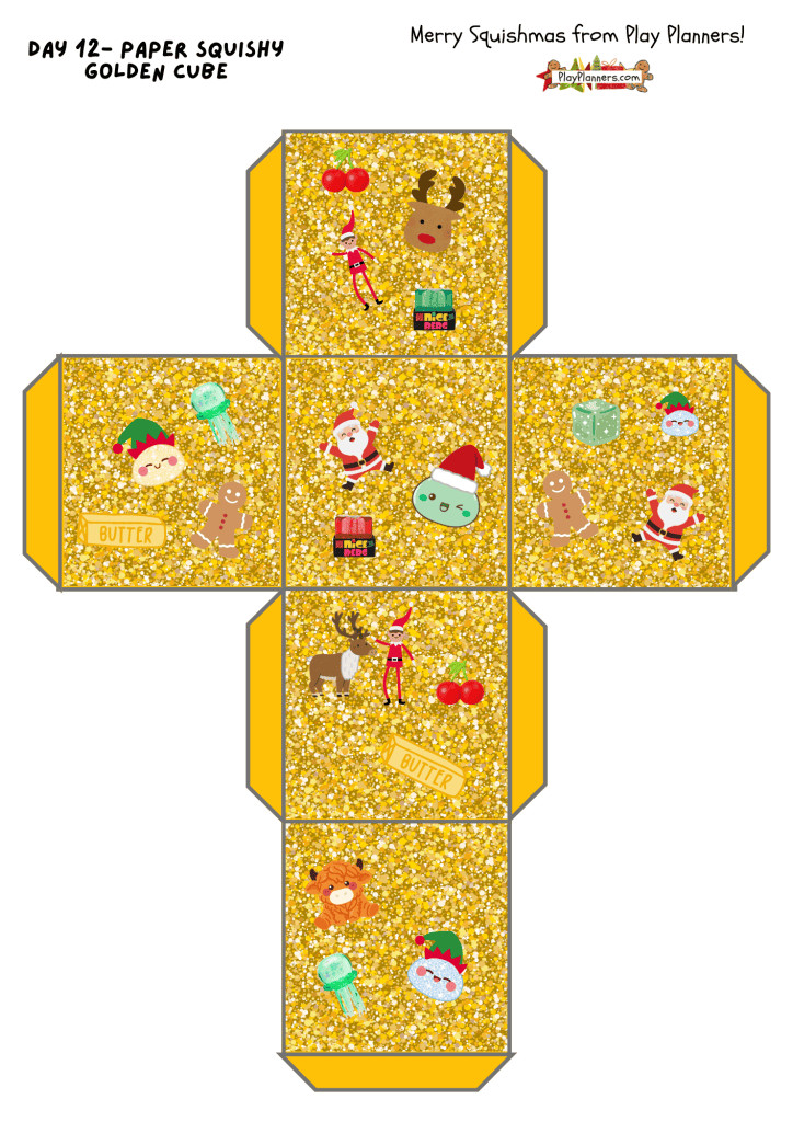 Golden Christmas squishy cube printable covered in festive Christmas graphics, including little dumplings wearing elf hats and Santa hats.