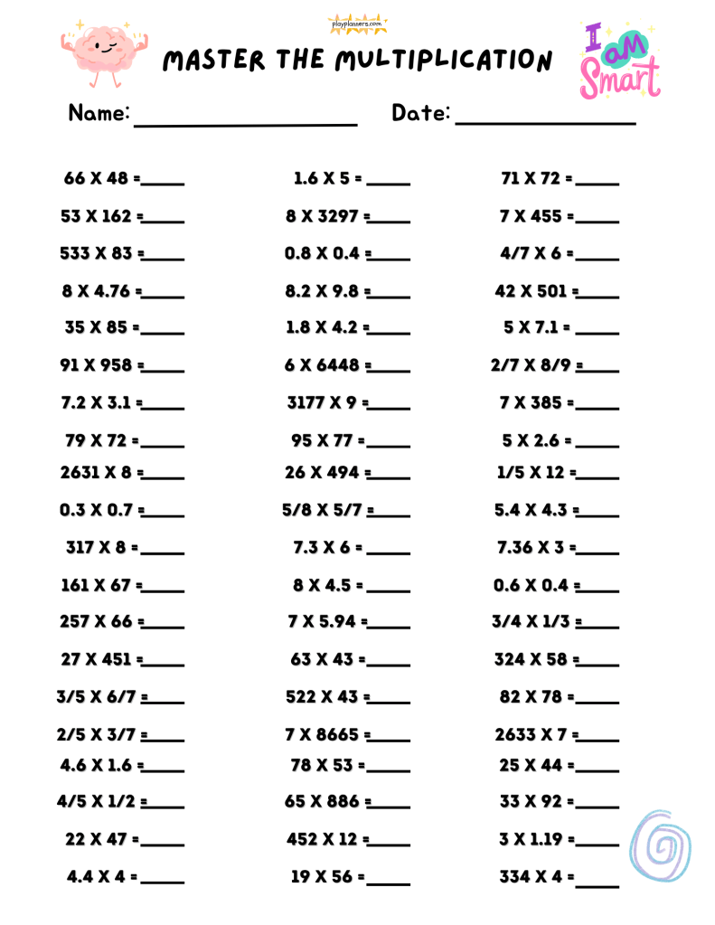 5th grade multiplication worksheet with 60 mixed problems designed for printable math practice