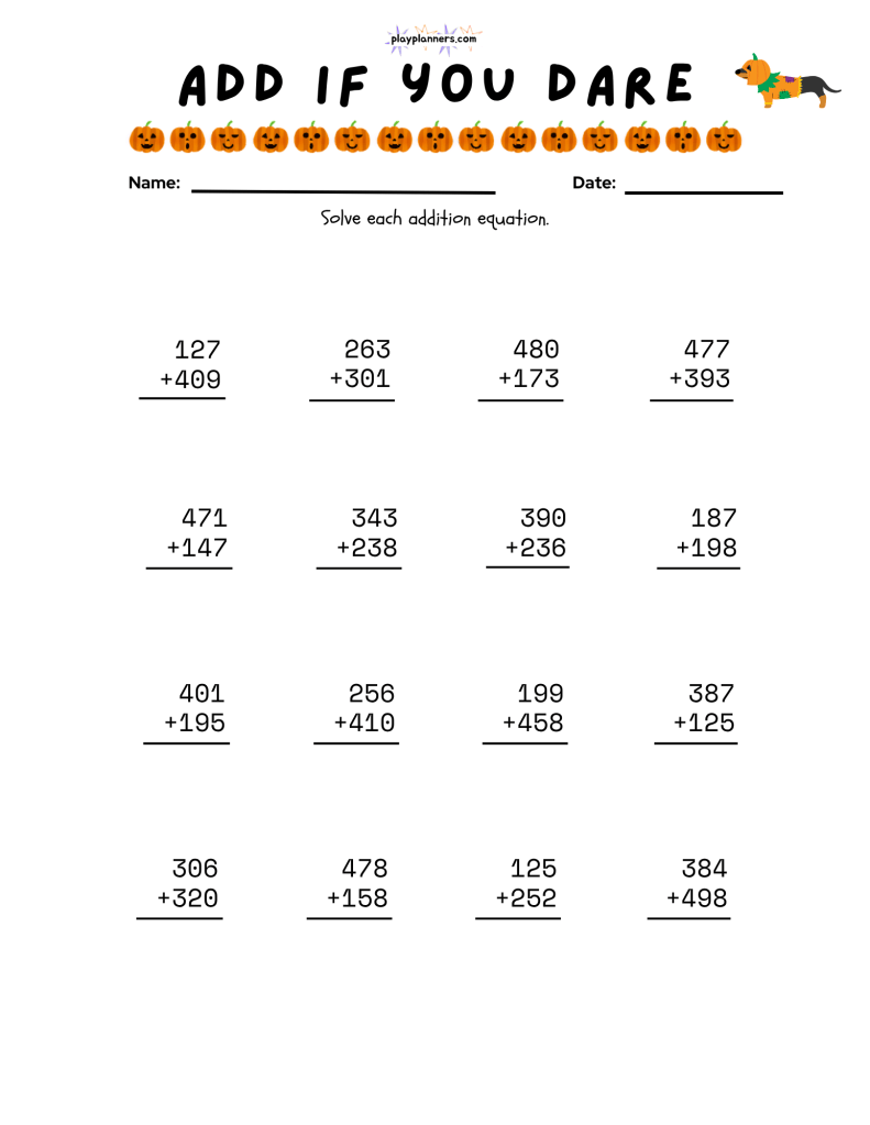 Free printable Halloween math worksheet with vertical addition exercises, pumpkins, candy, and bats.