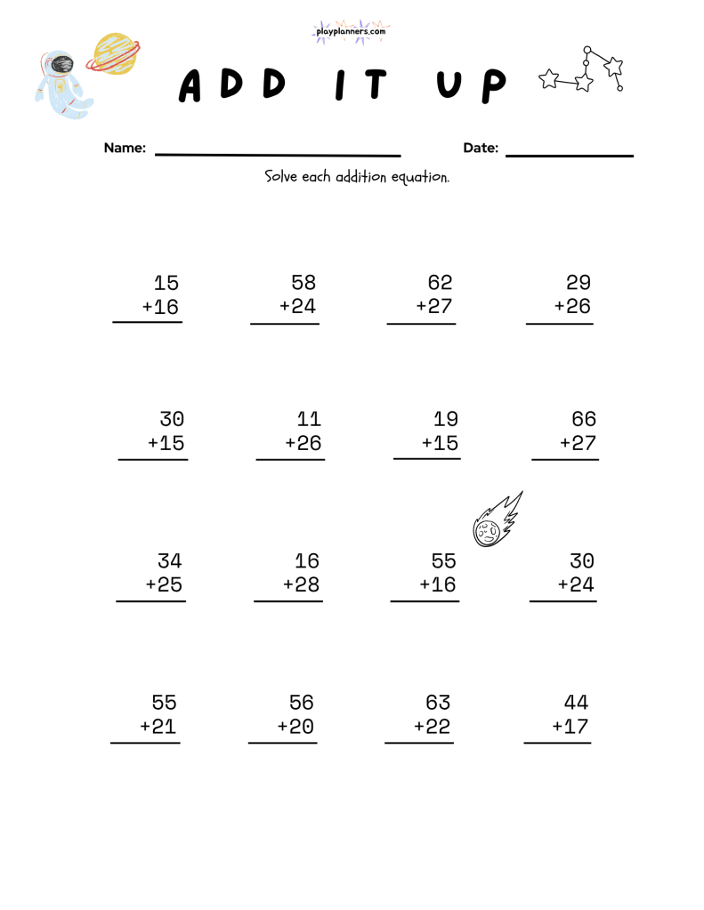 Printable two-digit addition worksheet for kids featuring stacked math problems and outer space illustrations.
