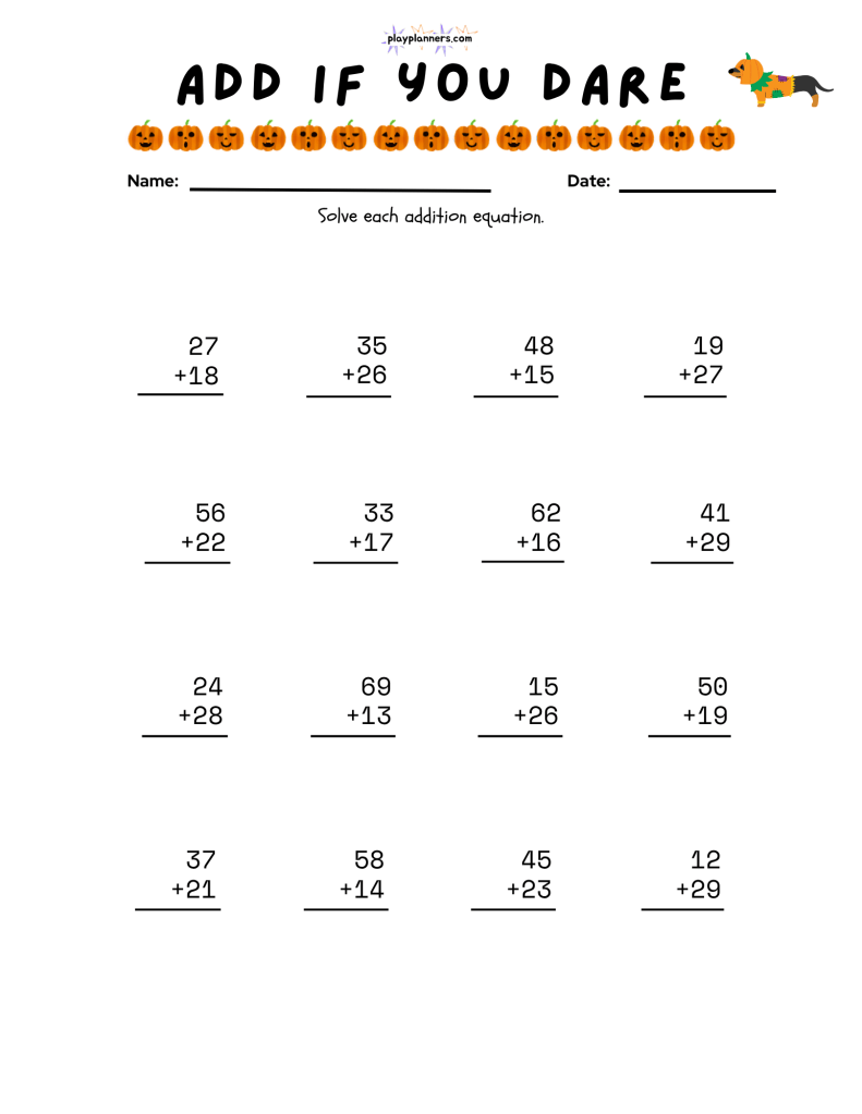 Second grade Halloween addition practice page with unique equations and cute seasonal graphics.