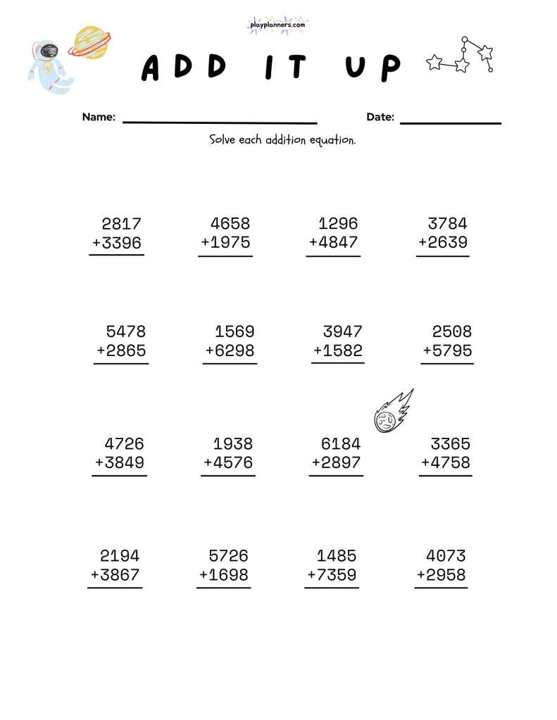 Fourth grade math printable featuring vertical addition problems and cute rocket and astronaut graphics.