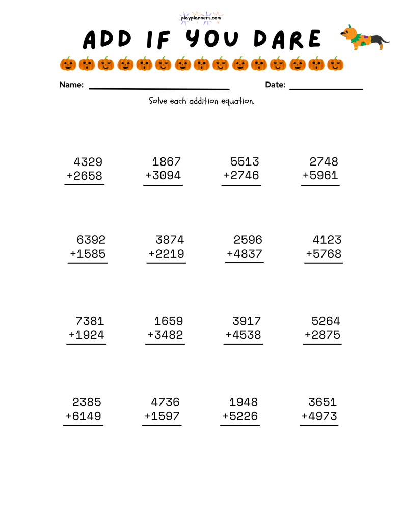 Free Halloween addition practice sheet for grade 4 with vertical math problems and festive Halloween artwork.